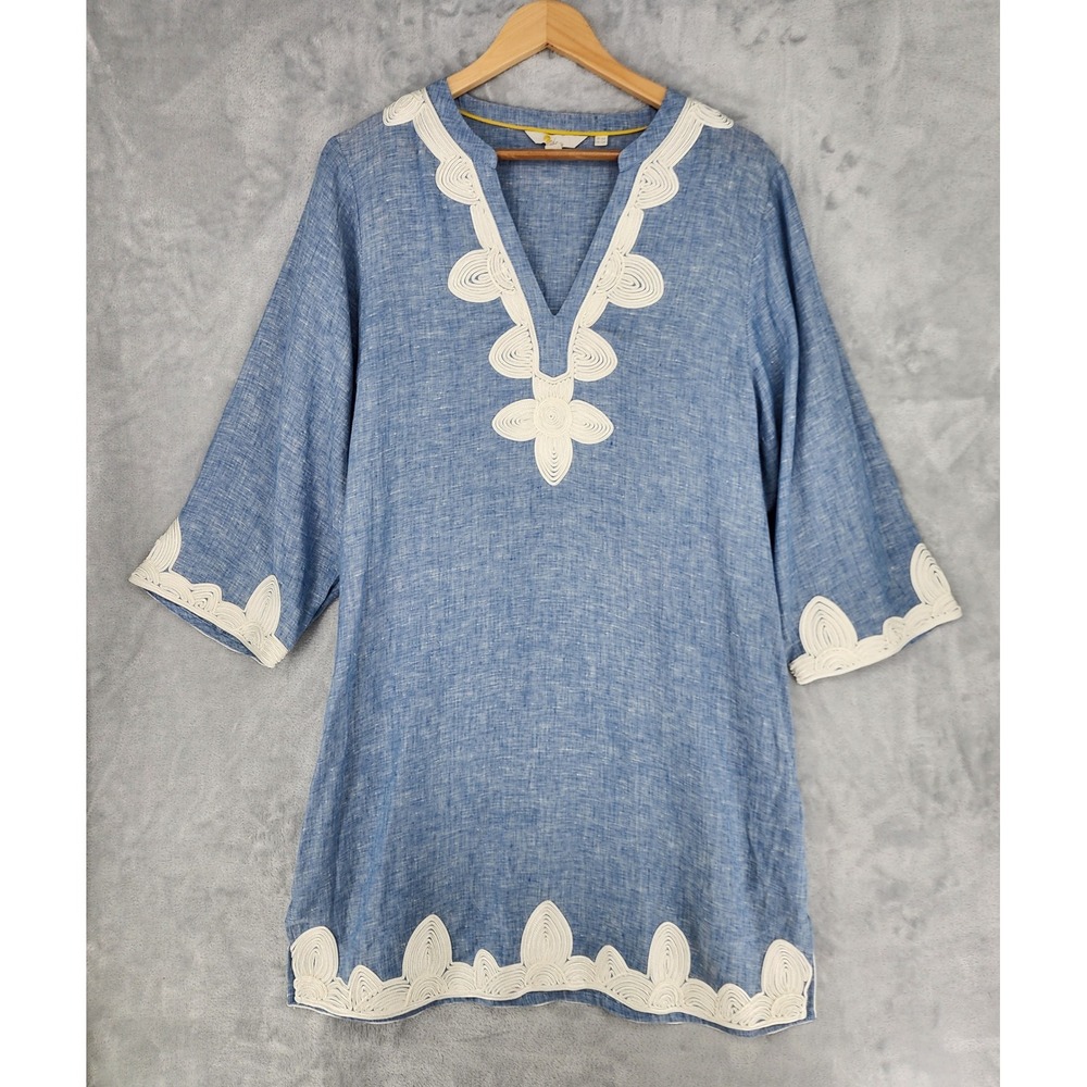 Boden Linen Dress Womens Size 12 Embroidered Scalloped Trim Blue Tunic 12R